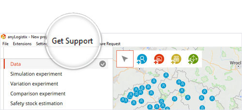 Кнопка Get support в anyLogistix