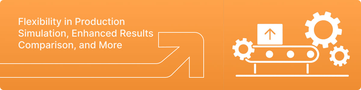 An illustration of a production line and the text with new features in anyLogistix 3.4.1