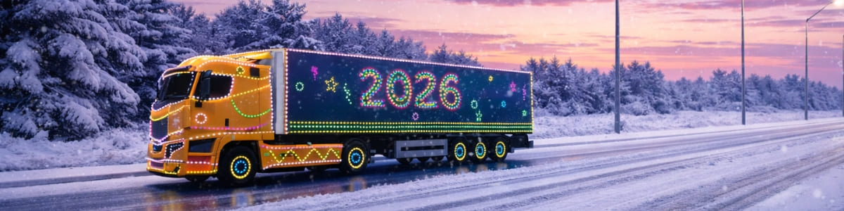 A Christmas truck on a snowy road
