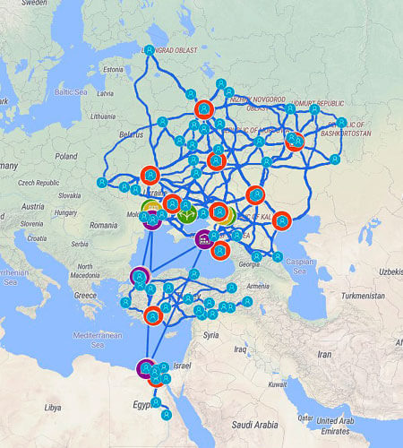 Supply chain’s on-map view in anyLogistix supply chain optimization software