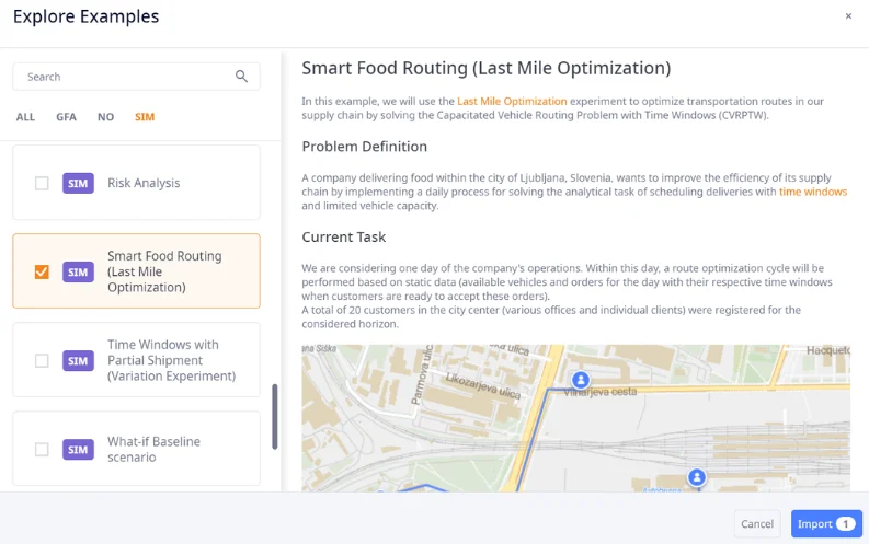 Screenshot of importing the last-mile optimization example to your project in anyLogistix