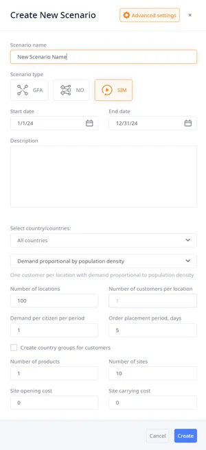 Scenario properties dialog in anyLogistix supply chain optimization software