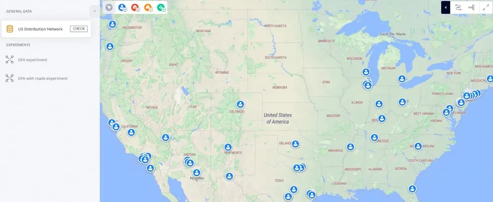 Default map view with customers before running the GFA experiment