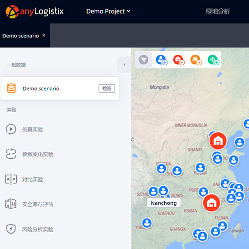 A map and interface of anyLogistix in Chinese