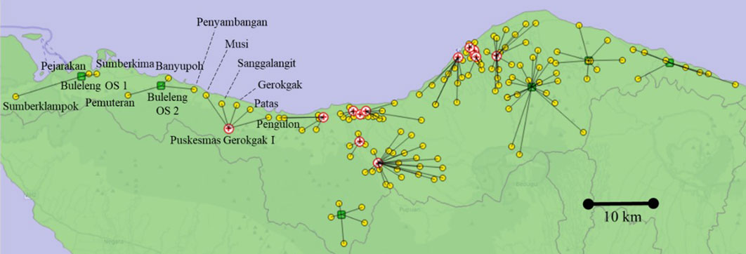 Vaccination network in the Buleleng outreach scenario (10-km range). The red circles are health centers, yellow are the villages, and green are new mobile clinics