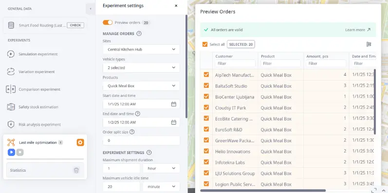 Screenshot of configuring experiment settings and previewing orders in anyLogistix