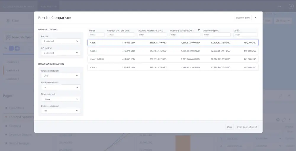 Screenshot of the new results comparison feature in anyLogistix
