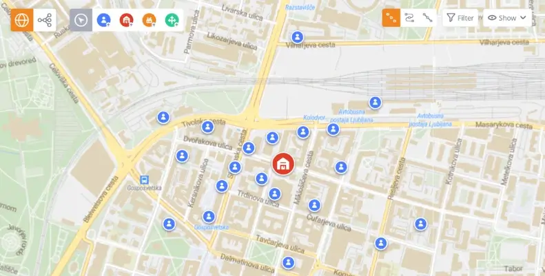 Screenshot of the map in anyLogistix with 20 customers