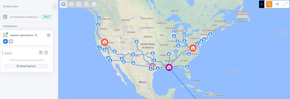 Map view of the best logistics network design in anyLogistix