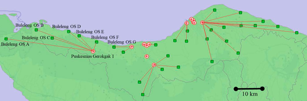 Vaccine distribution network in the Buleleng outreach scenario (3-km range). The red circles are health centers and the green squares are new mobile clinics