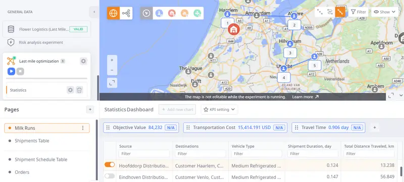 A screenshot of last-mile delivery optimization experiment in anyLogistix