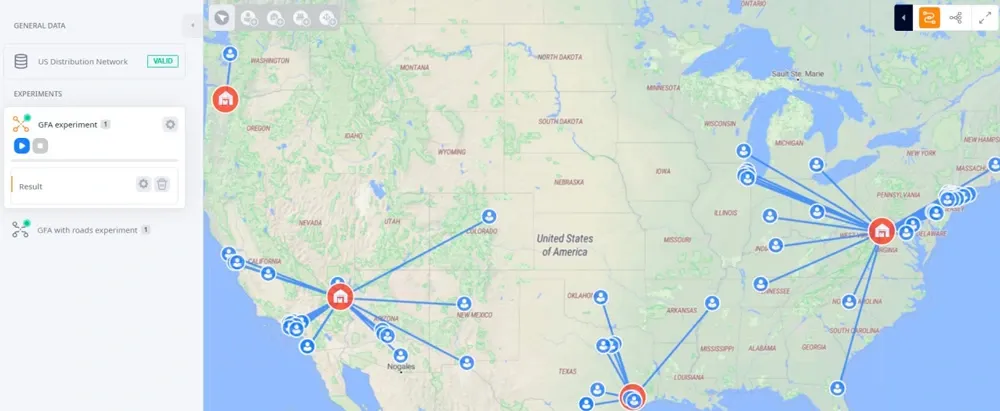 Map view with new distribution center locations