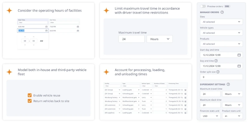 Screenshots of the detailed inputs for the last-mile optimization experiment in anyLogistix