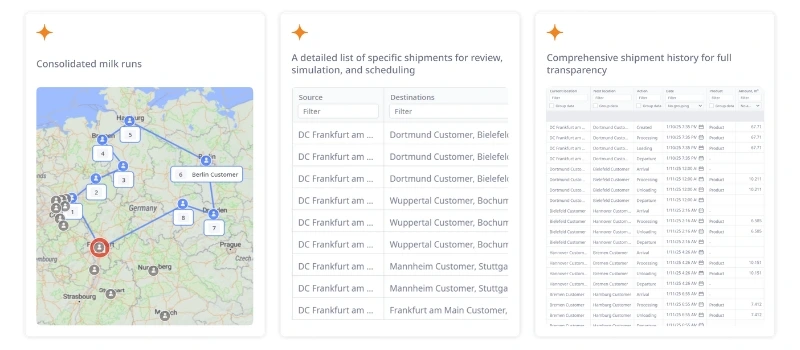 Screenshots of consolidated milk runs and some of the output tables in anyLogistix