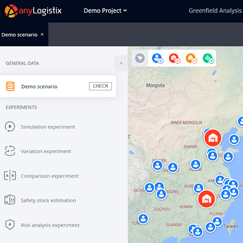 A map and interface of anyLogistix in English