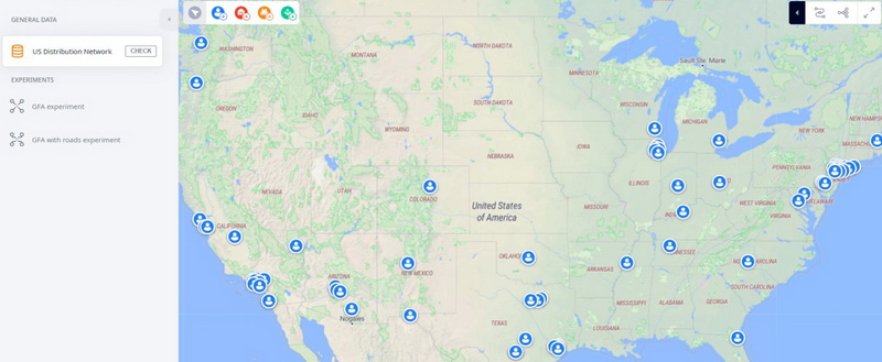 Default map view with customers before running the GFA experiment