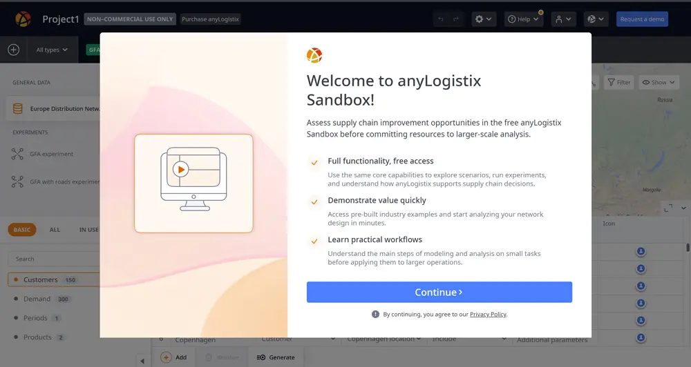 Screenshot of the anyLogistix Sandbox welcome screen
